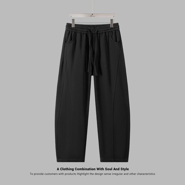 Calça masculina Boy Autumn Banana Scimitar, modelagem ampla, cor sólida, versátil, com cordão na cintura elástica, em tricô, estilo esportivo casual._voghion.com