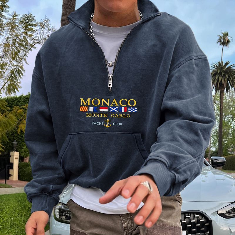 Sweat à capuche décontracté à col zippé pour homme avec imprimé lettre_voghion.com