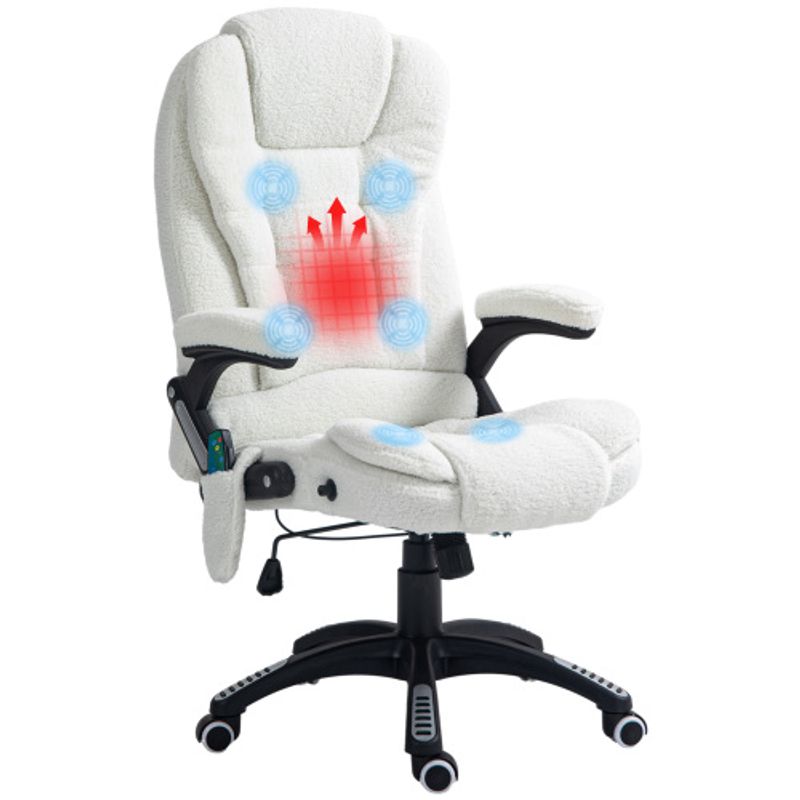 Vinsetto Massage-Bürostuhl, 67x74x107-116cm, Höhenverstellbar, Mit Wippfunktion, Heizfunktion, Liegefunktion, Fußstütze, Teddysamt, Blanc_voghion.com