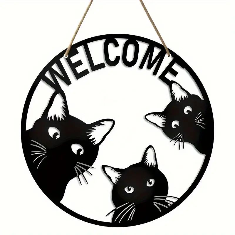 Home Decoration Halloween Village Black Cat Welcome Wooden Circular Logo Creative Decorative Board_voghion.com