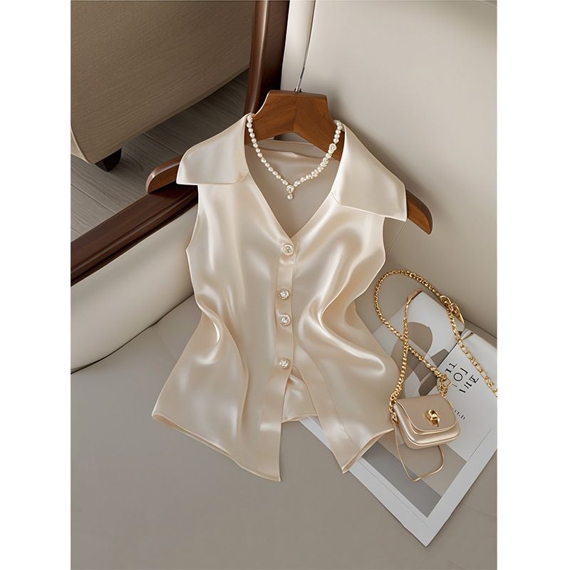 Damkläder High End Chic Blus Design Sense Mogen Nisch Unik Vacker Champagne Chiffong Topp_voghion.com