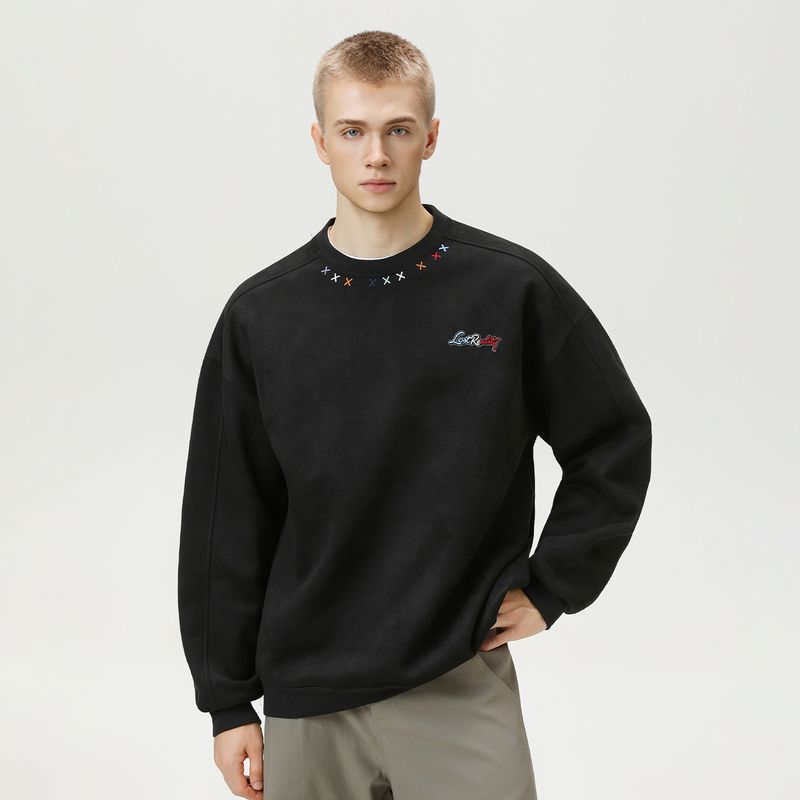 Sweat-shirt ras du cou brodé en daim – Pull rétro à empiècements structurés (S-XXXL, 96 % polyester/4 % élasthanne, 380 g/m²)_voghion.com