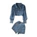 Dameklær løs bf høy midje kort denimjakke todelt dress høy midje slanke skjørtbukser_voghion.com