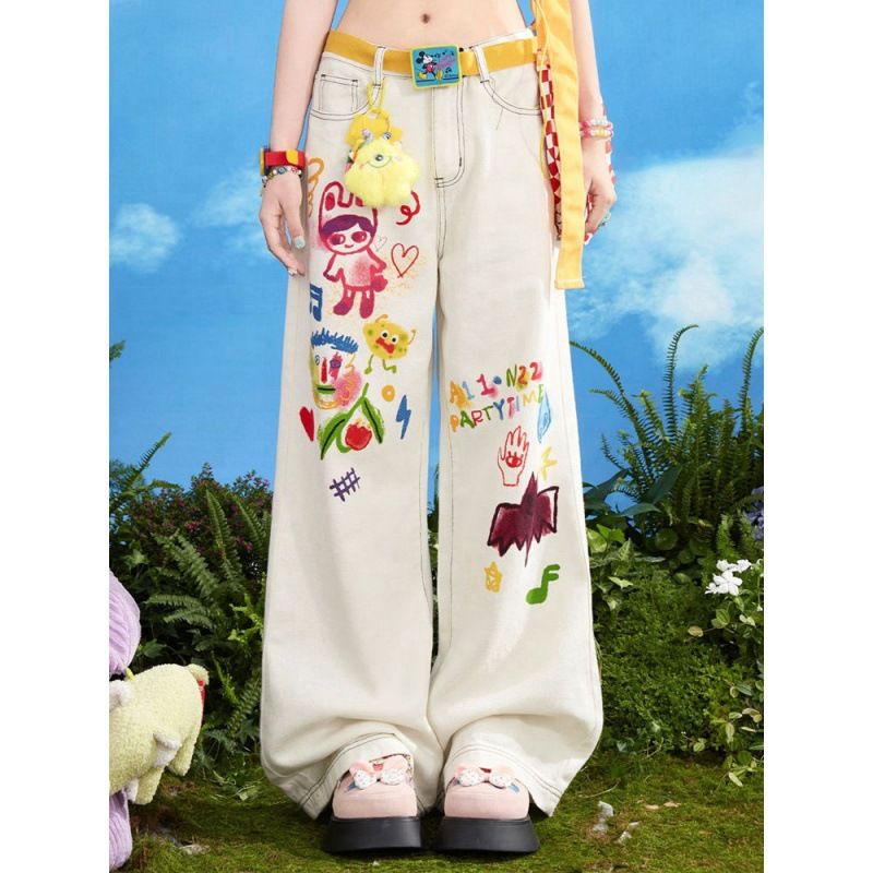 Women's Clothing Summer Design Sense Cartoon Print High Waist Loose Slim Straight Floor Mopping Pants_voghion.com