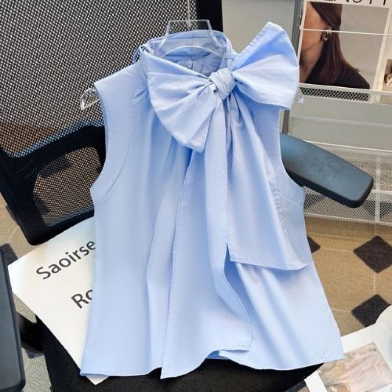 Frauenkleidung Französisch reiche Tochter weißer Bogen ärmelloses Hemd weibliches High-End-Design lose Bauchbedeckung Weste Top Sommer_voghion.com