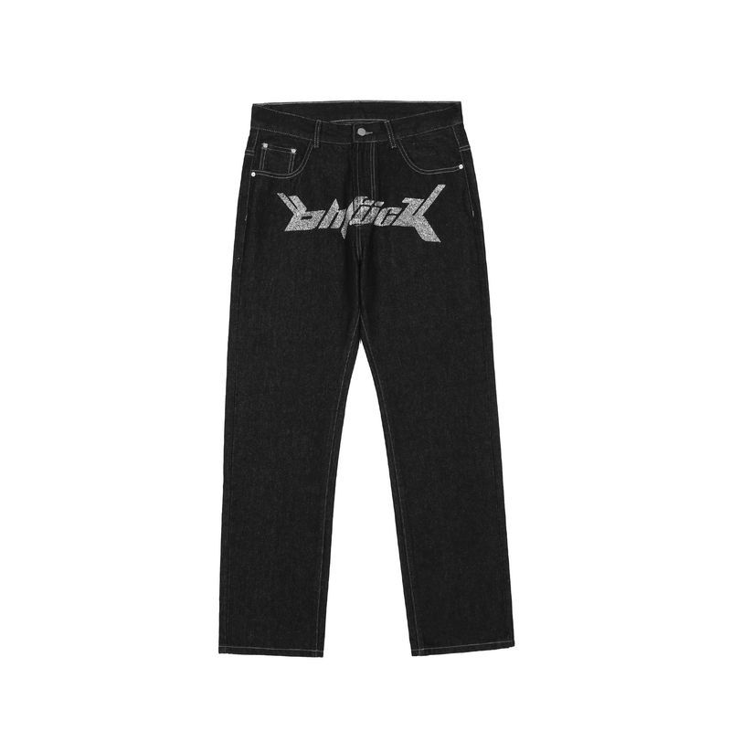 Geeignet für alle Jahreszeiten. Jeans im dunklen Stil mit Buchstabendruck für Herren. High Street Fashion. Lockere, weite, lässige, gerade Hosen._voghion.com