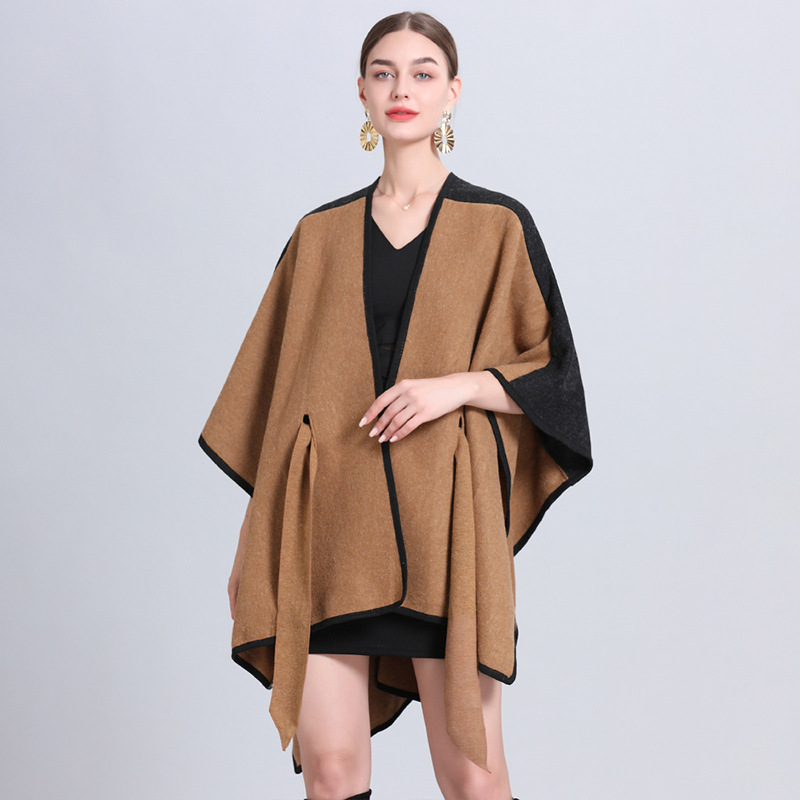  new loose color-blocking tie cape shawl women's knitted cardigan bat sleeve large size woolen coat_voghion.com
