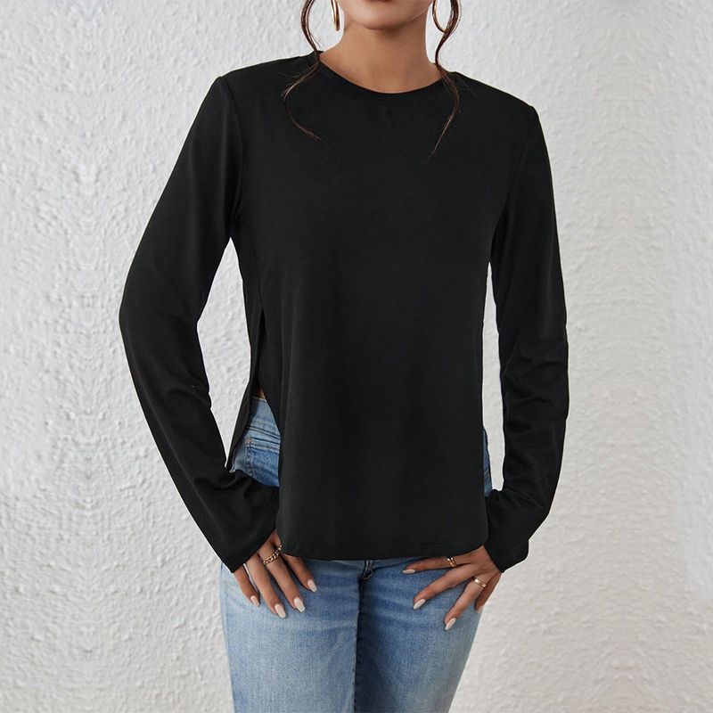 T-shirt ample et décontracté à manches longues et col rond pour femme_voghion.com