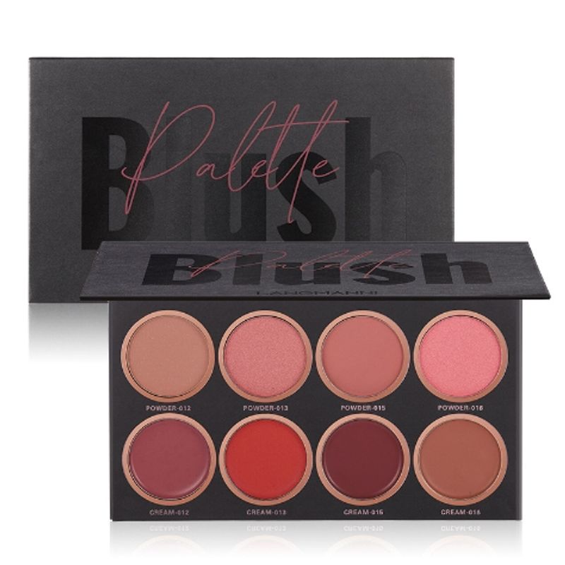 Paleta de Blush de 8 cores, Paleta de Blush 4 em pó + 4 em creme, Paleta de Blush de contorno e iluminador, Blush em pó fosco leve e luxuoso, brilhante e cintilante_voghion.com