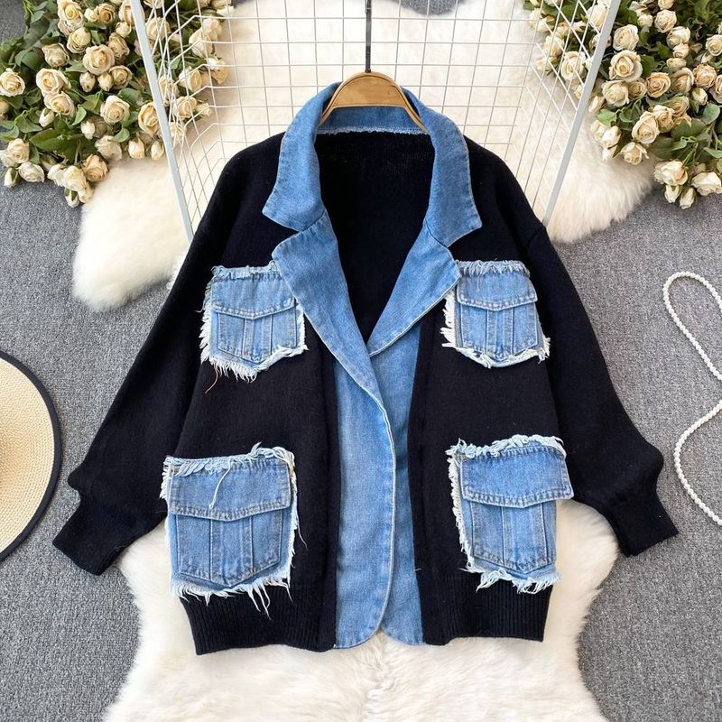 Women's Clothing fashion personality knitted patchwork denim jacket _voghion.com