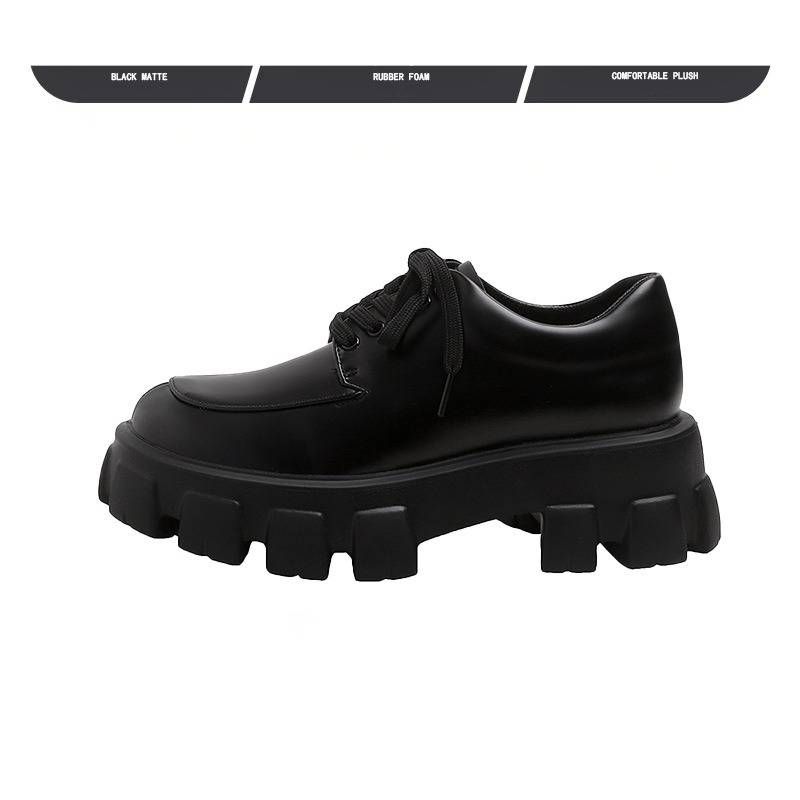 Damenschuhe Leder Loafer mit Blockabsatz Klassischer Slipper im britischen Stil mit runder Zehenpartie und Plateausohle für Winter & Frühling, Größen 33-40, Schwarz_voghion.com