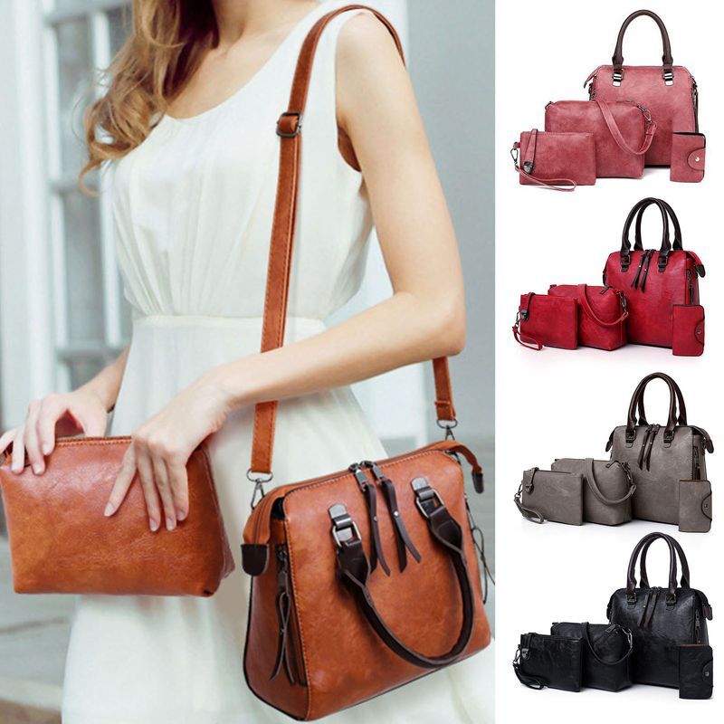 Lihao 4Pcs/Set Crossbody Modern Large Capacity  Leather Satchel Women Shoulder Bag Set for Shopping-Black_voghion.com