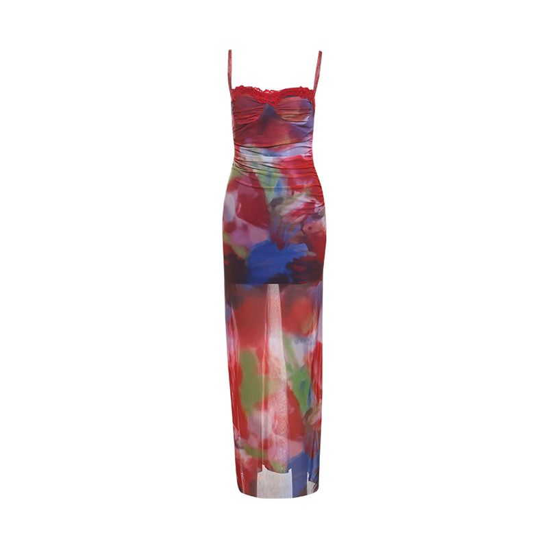 Quirky Girl Island Holiday Ölgemälde Gradient Mesh Strap Damen Atemberaubende Urlaubsatmosphäre Langes Kleid_voghion.com