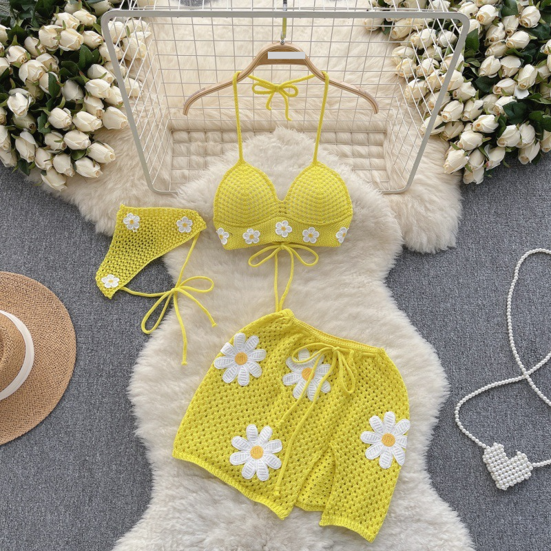Seaside resort knitted strappy bikini set summer flower design, niche milk sweetness and pure desire three-piece set_voghion.com