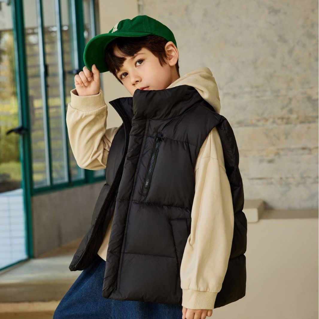 Gilet imbottito in stile coreano per bambini – Caldo gilet invernale imbottito per ragazzi e ragazze (120-170 cm, nero/bianco)_voghion.com