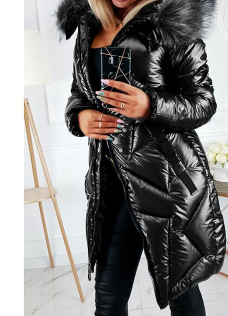 Cappotto da donna in PU lucido con collo in pelliccia grande, vestibilità slim, di media lunghezza, in cotone, giacca calda con cerniera a maniche lunghe per donna_voghion.com