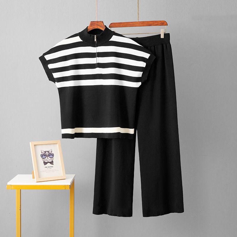 Dameskleding Eenvoudig modepak Gestreepte gebreide top met rits Modieuze slanke broek met wijde pijpen Tweedelig pak voor vrouwen_voghion.com