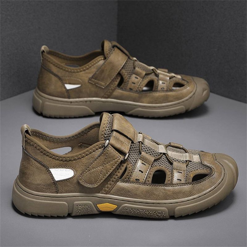 Summer 2025 Fashion Men's Leather+Mesh Fabric Hollow Out Breathable Water Wading Shoes Sports Beach Shoes Cool Slippers_voghion.com
