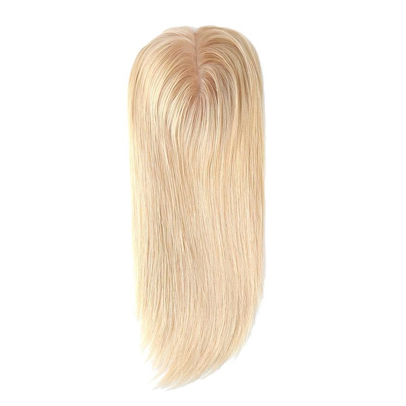 Topper aus 100 % Echthaar für Frauen, Haarteile mit Seidentop zum Anklipsen, hochwertiges Remy-Haar mit Kutikula, blonde Farbe Nr. 613, Haarlänge 16 Zoll_voghion.com
