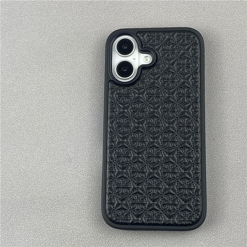 European And American Trendy Brand Black Cross-shaped IPhone 17 Promax Apple 16 Phone Case, Made Of Leather, 15mm Thickness, Shockproof Feature_voghion.com