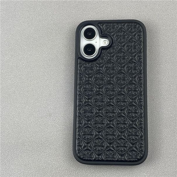 European And American Trendy Brand Black Cross-shaped IPhone 17 Promax Apple 16 Phone Case, Made Of Leather, 15mm Thickness, Shockproof Feature_voghion.com