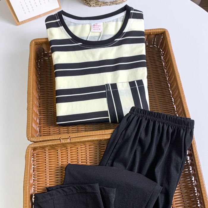 Korea triibuline internetikuulus puhtast puuvillast pidžaamad paaridele kevadsügisel, meeste ja naiste pikkade varrukatega 2024_voghion.com