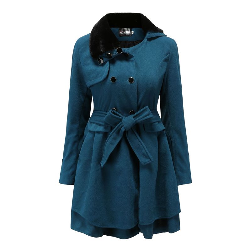Vêtements pour femmes manteau en laine coupe slim mi-long avec grande jupe et col en fourrure manteau en laine croisé_voghion.com