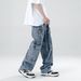 Calça Jeans Cargo Masculina High Street - Calça jeans retrô com vários bolsos, estilo descolado, corte reto e tecido de poliéster confortável._voghion.com
