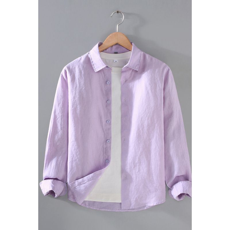 Camicia da uomo in puro lino con colletto casual, ampia, ampia e versatile, alla moda_voghion.com