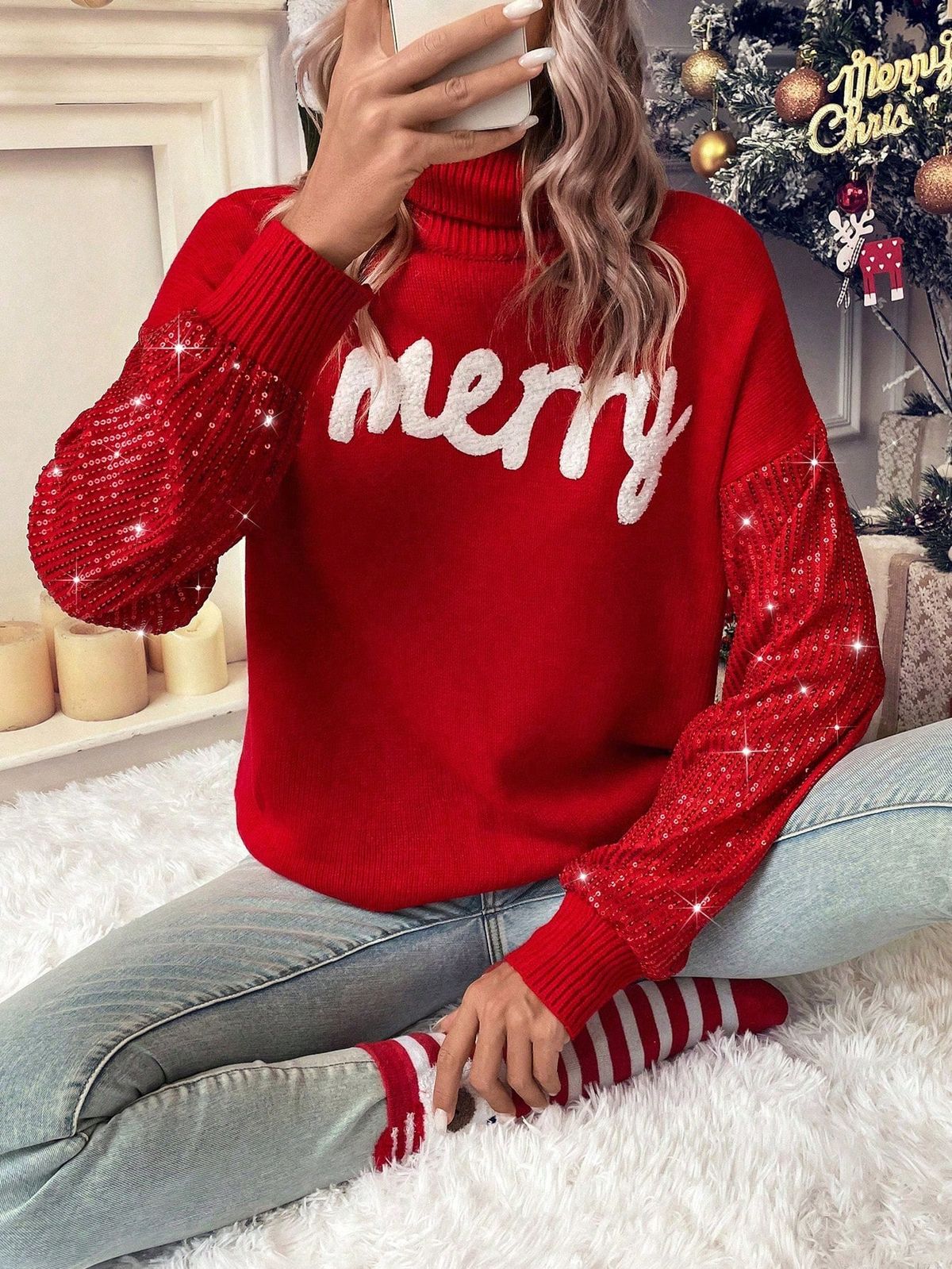Festive Glitter High Neck Knit Sweater For Women - Cozy Loose Fit Christmas Party Top, Long Sleeve Casual Pullover_voghion.com
