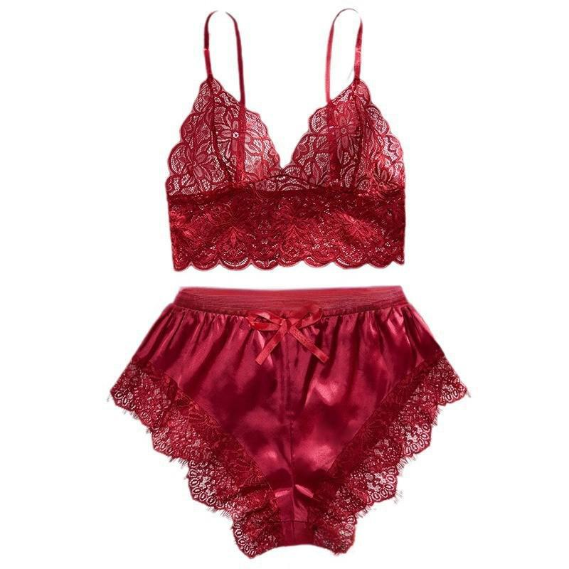 Women's Intimates Wine Red Perspective Lace Passion Temptation Style Satin Splicing Sexy Underwear Two Piece Suit_voghion.com