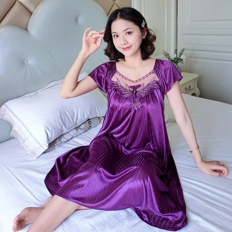 Women Ice Silk Sleepwear Set Nightdress Homewear Nightwear Pyjamas Female Lace Sleepwear V-neck Nightgown Plus Size_voghion.com
