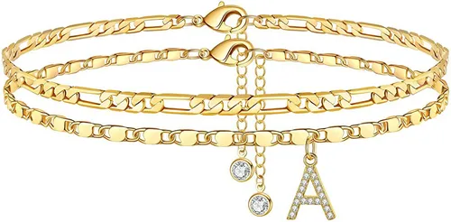 14K Gold Plated Delicate Layered Figaro Chain CZ Initial Anklet Set - Perfect Summer Gift For Women_voghion.com