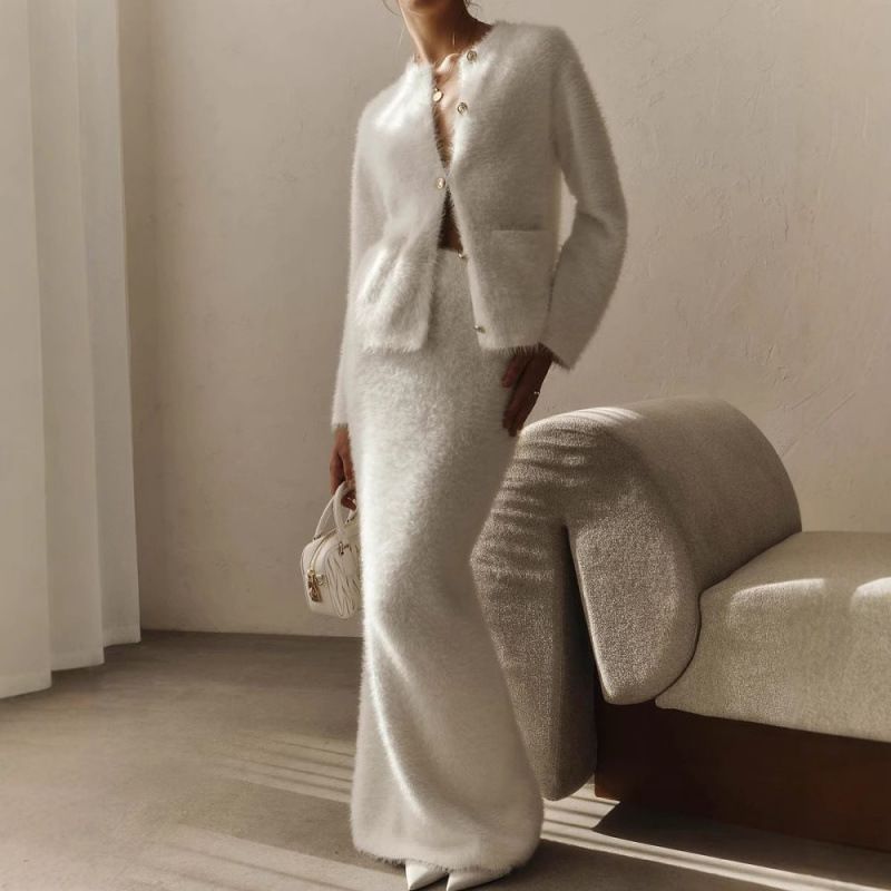 Elegant Long Sleeve Button-Down Blazer & Midi Skirt Set For Women - Pure Color Polyester Office & Casual Outfit_voghion.com