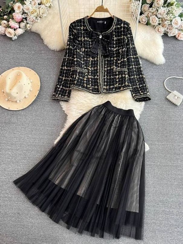 Women's Clothing round neck single breasted tweed jacket two piece suit high waist A e skirt_voghion.com