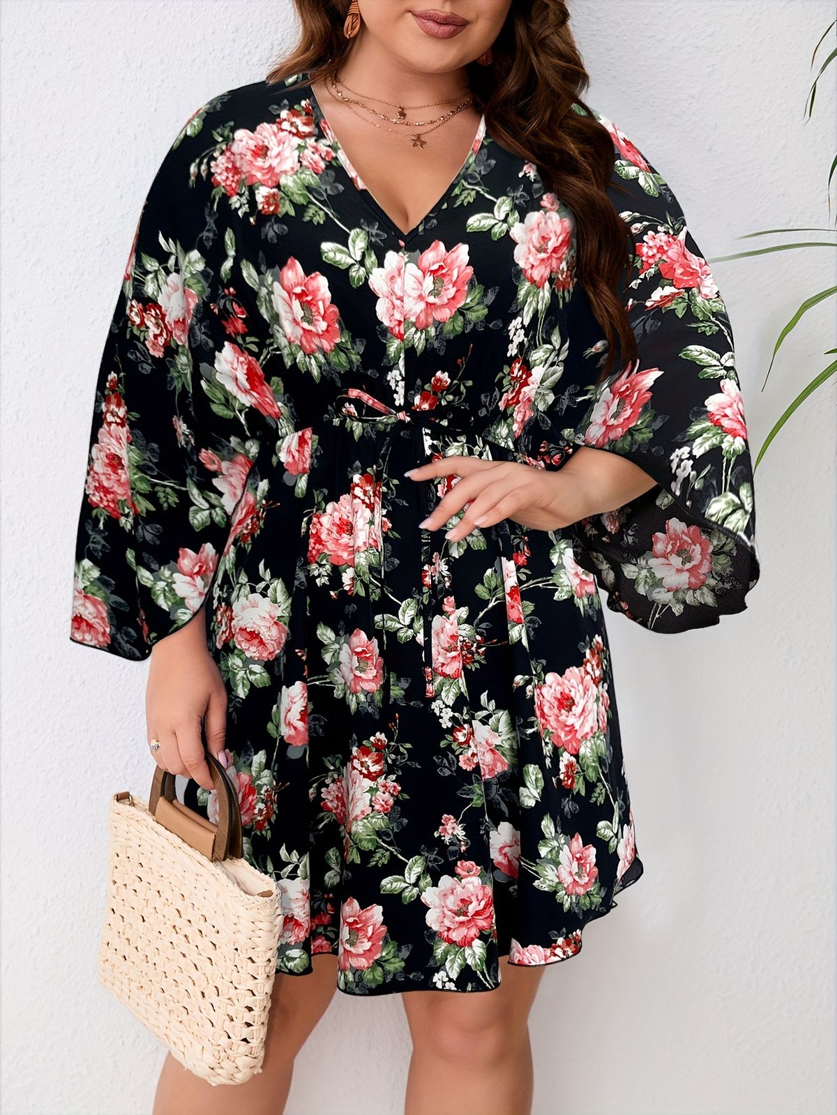 Plus size clothes elegant floral print long sleeved plus size dress for spring and summer vacation, loose lotus leaf sleeves, A line mid length skirt_voghion.com