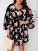 Plus size clothes elegant floral print long sleeved plus size dress for spring and summer vacation, loose lotus leaf sleeves, A line mid length skirt_voghion.com