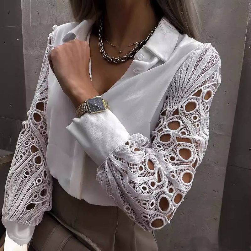 Chemisier à manches longues pour femme, nouvelle collection printemps et été, vente à chaud, couleur unie, couture en dentelle_voghion.com