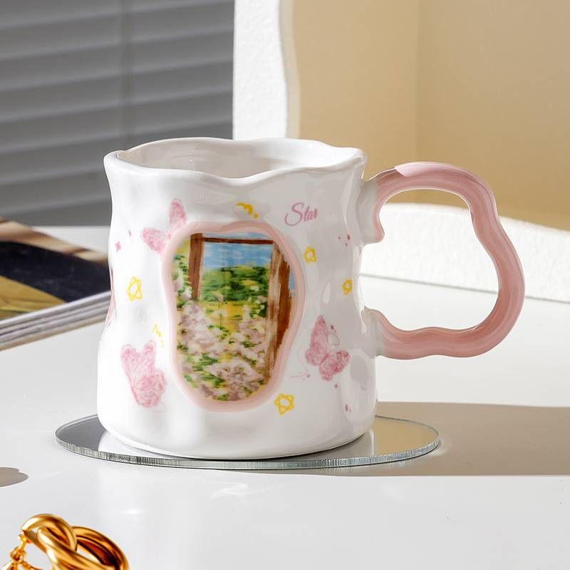 Ölgemälde Stil Schmetterling Liebe Blume Becher Kaffeetasse Keramik Wasser Tasse Ins Stil Frühstück Tasse_voghion.com