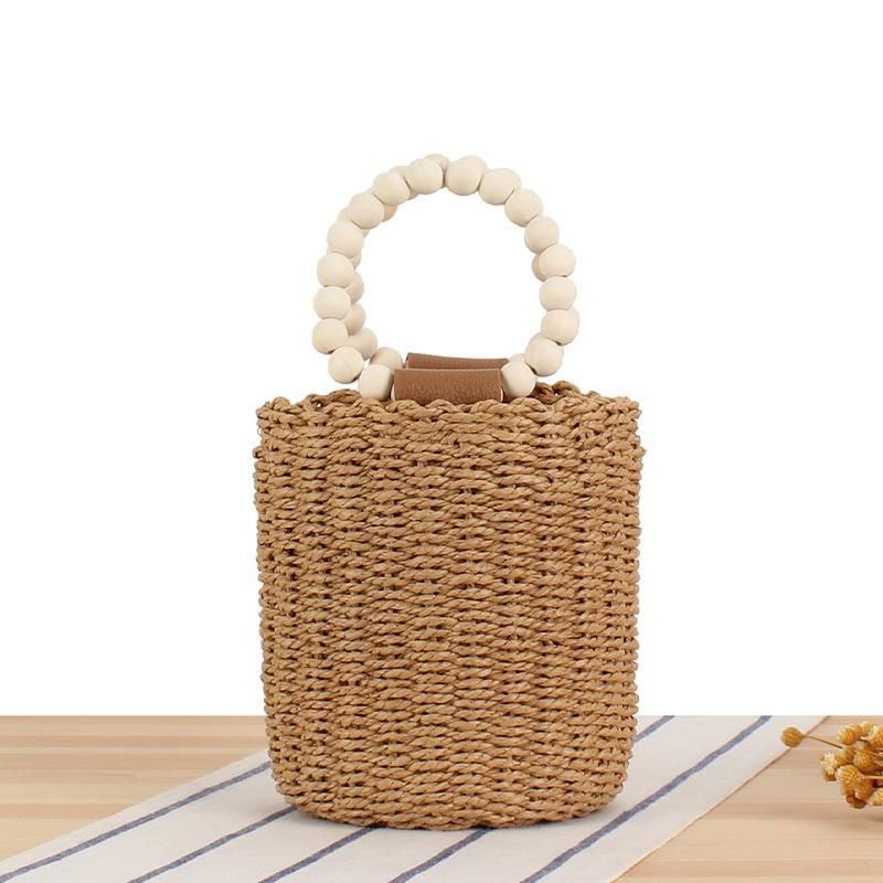Borse da donna Borsa in un unico pezzo con perline di legno Borsa portatile in corda di carta intrecciata Borsa a secchiello rotonda con coulisse Stile semplice Borsa da spiaggia casual_voghion.com