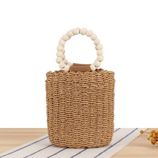 Borse da donna Borsa in un unico pezzo con perline di legno Borsa portatile in corda di carta intrecciata Borsa a secchiello rotonda con coulisse Stile semplice Borsa da spiaggia casual_voghion.com