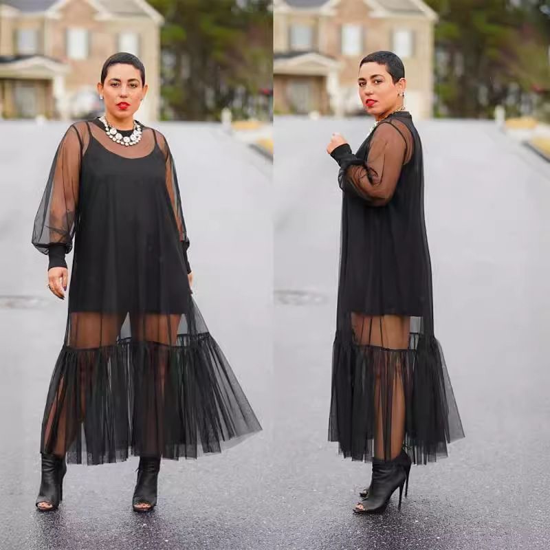 OL6090 New Women's Camisole Mesh Dress Solid Color Two-Piece Set_voghion.com