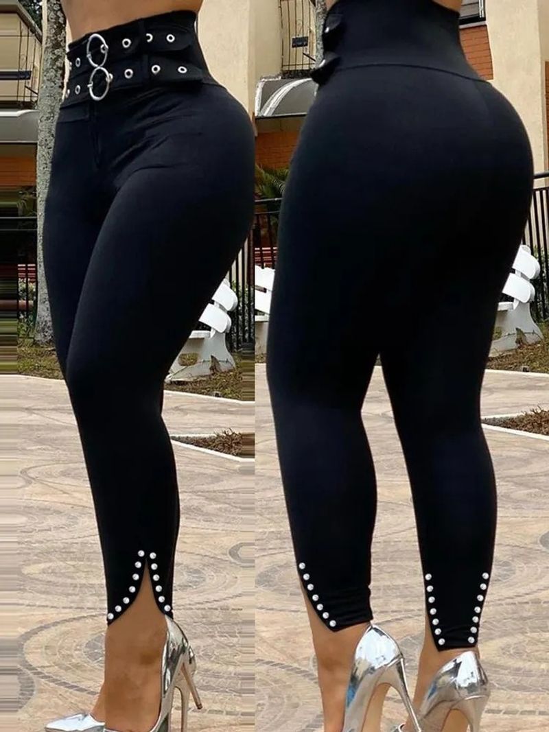 Women's slit trousers with beaded high-waisted small-leg pants_voghion.com