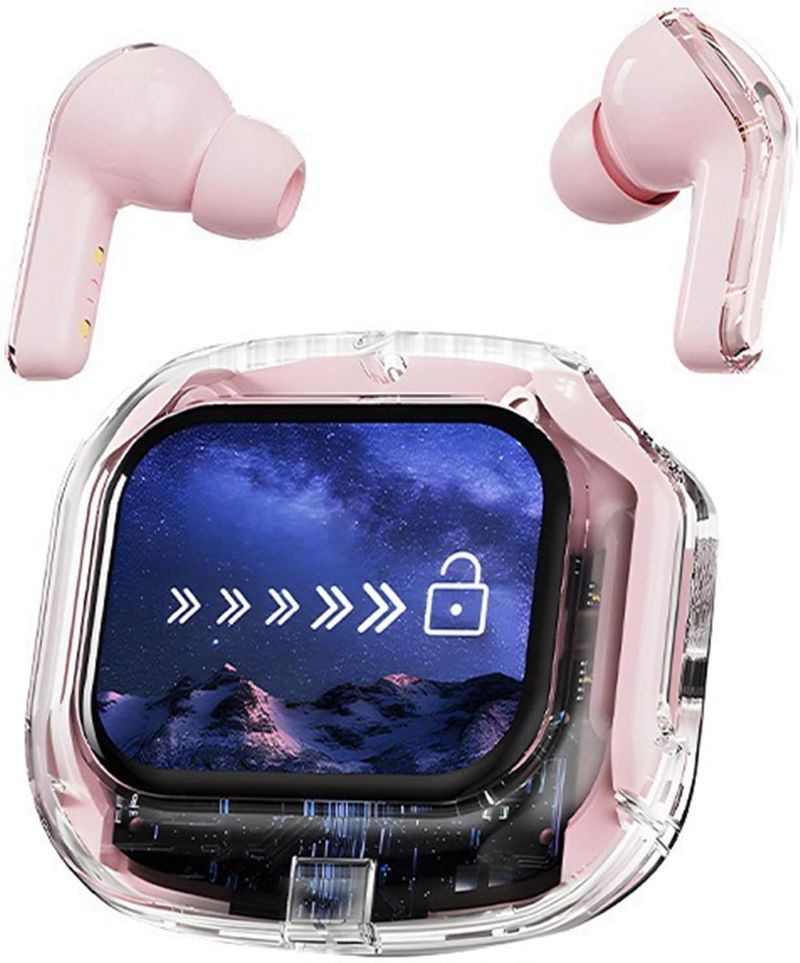2025 Upgraded Transparent Model Bluetooth Headset In-Ear Earbuds With LCD Touch Color Screen Waterproof Noise Reduction Sports Headphones (White)_voghion.com