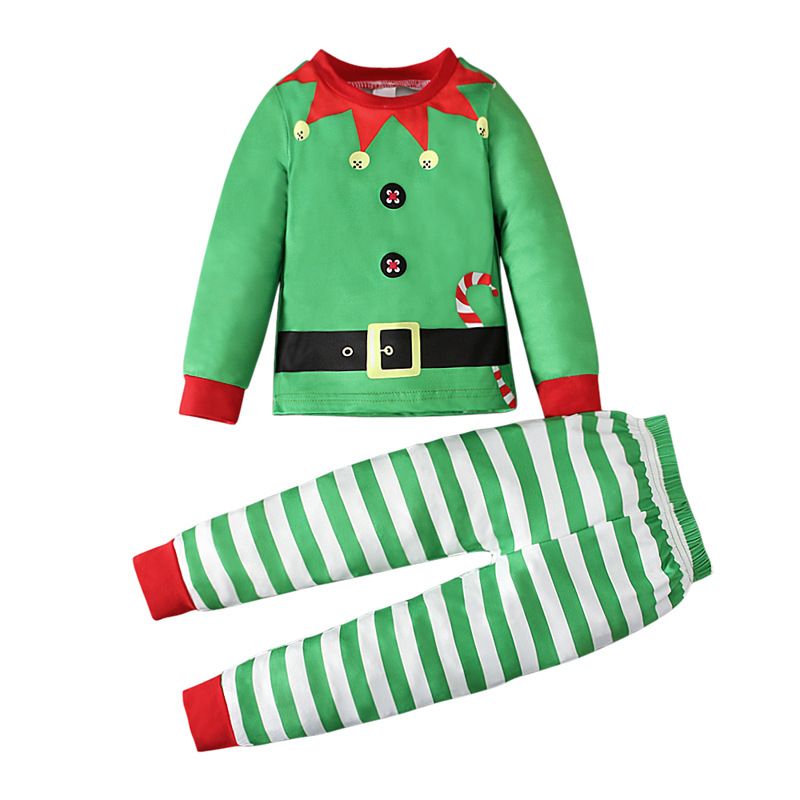 T-shirt verde a maniche lunghe natalizia primavera/autunno da ragazzo + pantaloni a righe_voghion.com