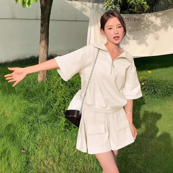 Ensemble deux pièces short et haut à manches courtes, style coréen, collection été 2025 pour femme._voghion.com
