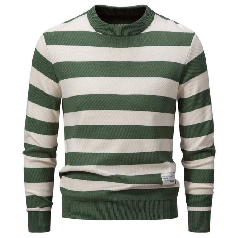 Spring Autumn 2025 Fashion Knitwear Pullovers Men's Round Collar Striped Long Sleeve Slim Sweater M-4XL_voghion.com