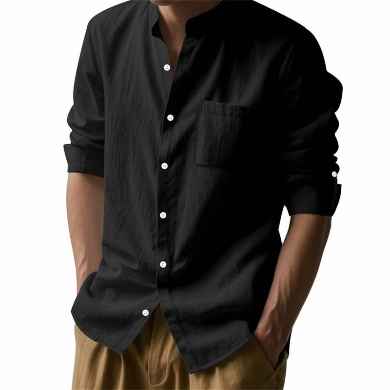 Fashion 2025 Men's Stand Collar Pure Color Single-Breasted Long Sleeve Linen Shirt S-3XL_voghion.com