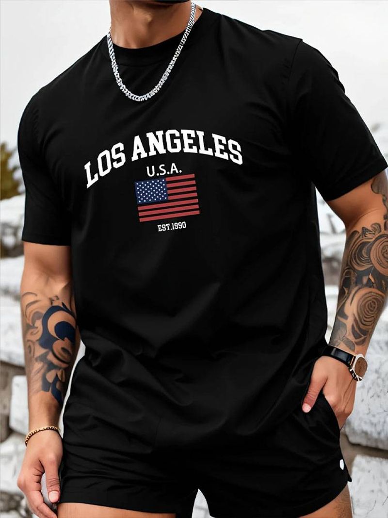 Men's Los Angeles American Flag Print Casual Crew Neck T-shirt, Slightly Stretchy, 240g Cotton_voghion.com