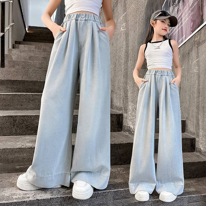 New Summer 2025 Girls' Medium To Large Children's Folding Cowboy Thin Wide Leg Pants_voghion.com